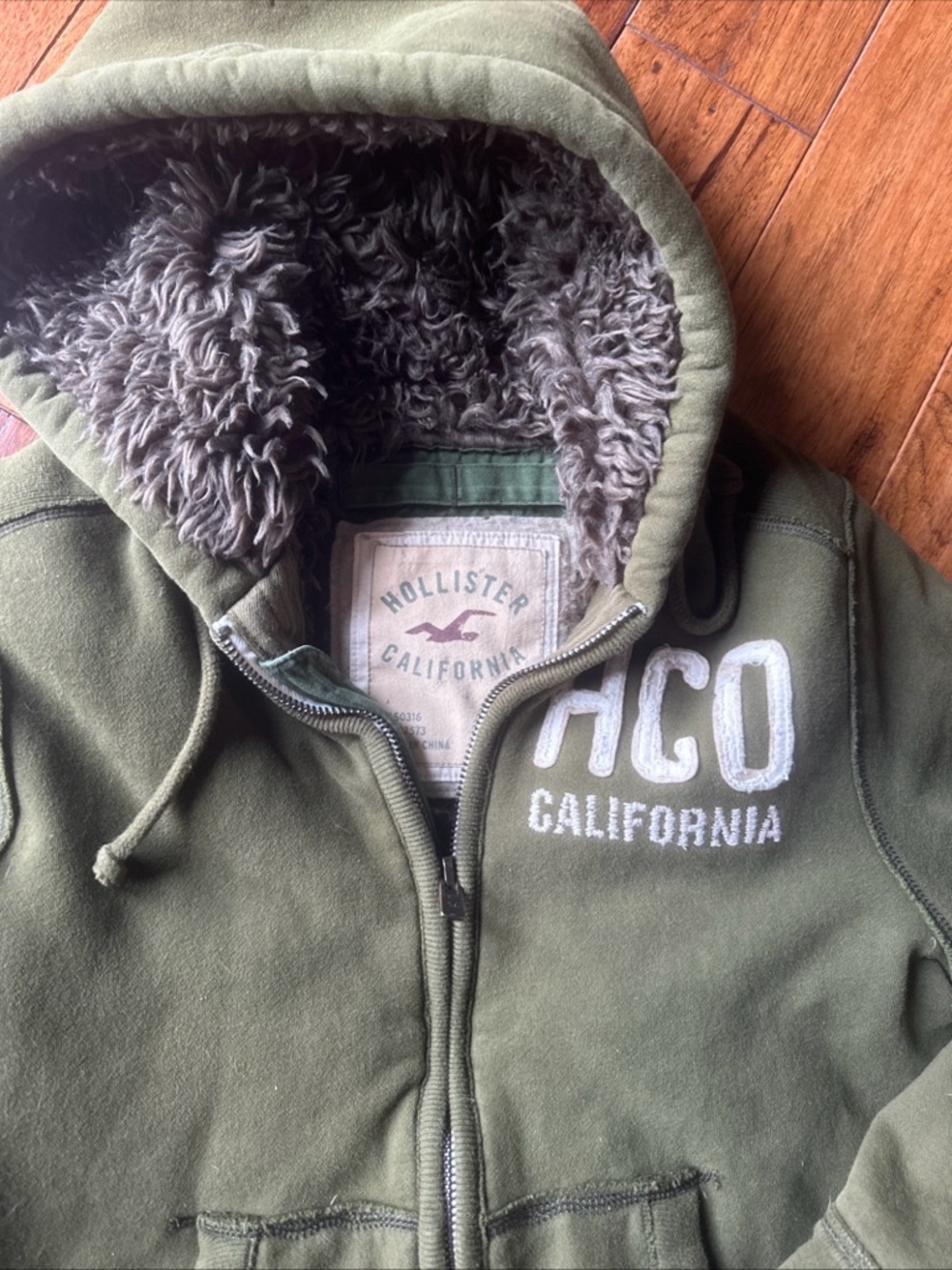 Vintage Y2K Hollister Hoodie Faux Fur Lined Jacket Surf Grunge Green Mens Medium